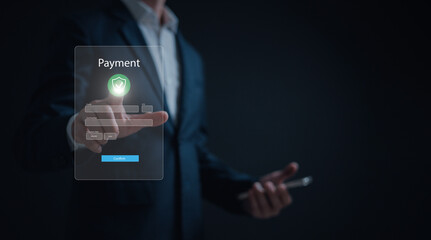 Online shopping concept businessman hands holding using mobile smart phone for  payment, banking, online shopping. Technology online banking applications via internet network. financial transaction.
