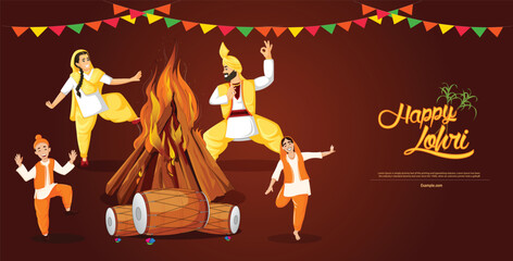 Vector illustration Happy Lohri couples, bonfire and dhol post template