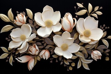 White Flowers and Golden Leaves on Black Background