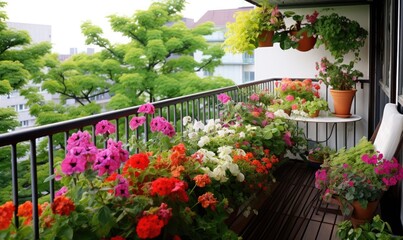 Fototapeta na wymiar A Colorful Oasis: A Balcony Bursting with Vibrant Blooms and Lush Greenery