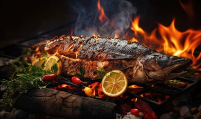 A Delicious Grilled Fish Sizzling Over Fiery Flames