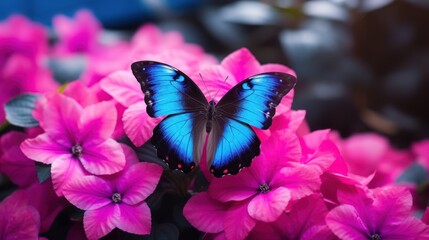 Colorful tropical morpho butterflies on pink petunia flowers.