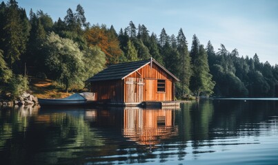 Fototapeta na wymiar A Serene Retreat: Boathouse on a Tranquil Lake Amidst Lush, Verdant Surroundings