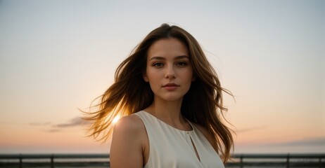Fototapeta na wymiar portrait of a beautiful woman on the beach at sunset