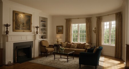 Fototapeta premium Victorian living room interior with fireplace
