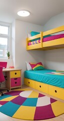 bedroom with colorful pillows and bunk, kid's bedroom