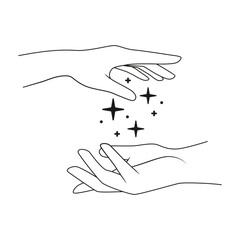 Hand and stars. Outline minimalist vector illustration isolated on white background