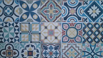 Gordijnen blue historical Portuguese tiles pattern Azulejo design seamless background of vintage mosaics set © OceanProd