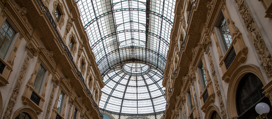 Galleria Vittorio Emanuele 2 interior in panoramic view dome ceiling mosaic glass