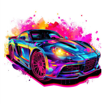 Coupe car in neon style Illustration, Generative Ai