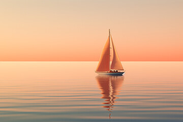 Simple peach fuzz colored sailboat on a calm and reflective sea - obrazy, fototapety, plakaty