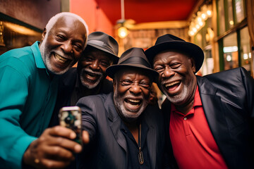 Elder African man glad to meet and selfie with friends