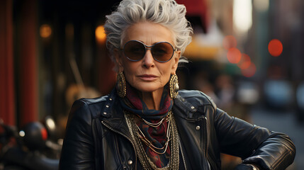 Cool granny in a leather biker jacket