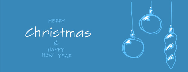Minimalistic blue christmas illustration with christmas balls and lettering for postcard, banner.