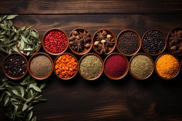 Variety of spices and herbs on kitchen table. Generative Ai. 