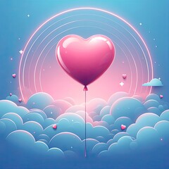 Creative pink heart balloon with vector clouds AI Generative
