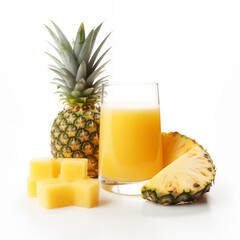 pineapple slice with glass of juice white background