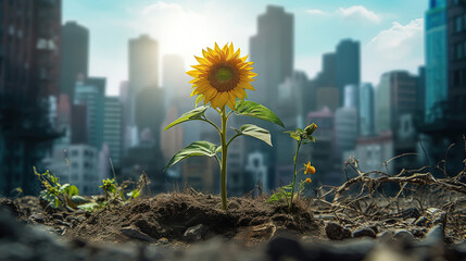 A Sunflower's Majestic Middle Ground Amidst Urban Growth in the City Landscape - obrazy, fototapety, plakaty