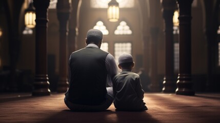 Back view of Muslim father and son praying together in the mosque  - obrazy, fototapety, plakaty