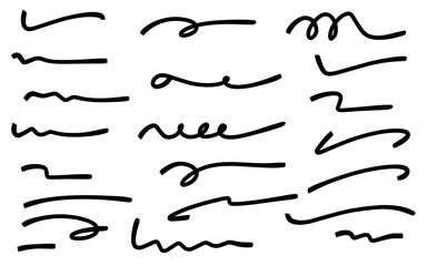 Vector set of hand drawn underline strokes isolated on white background.