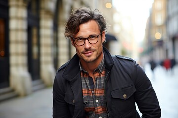 scene urban man handsome Stylish male guy photogenic attractive trendy style eyewear eyeglass optical look fashion fashionable portrait closeup 40 young middle-aged confident smart smile smiling - 692876962