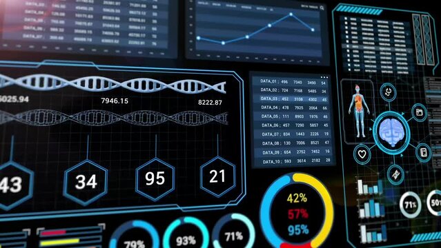 HUD Monitor screen of Medical Information about human health displayed on the screen. Concepts of medical care, health. 4K Video Overlay background
