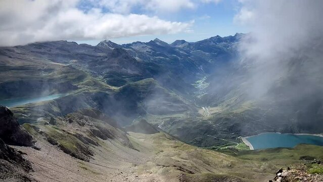 panorama of the lakes from the top of the mountain on a windy day, Formazza Valley, Italy