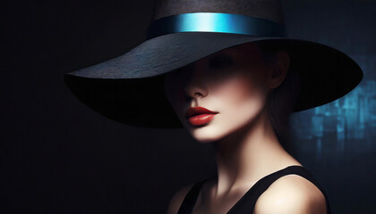 Portret pięknej kobiety, w czarnym kapeluszu na czarnym tle, generative AI  - obrazy, fototapety, plakaty