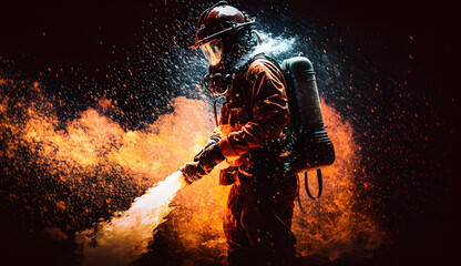fireman using water and extinguisher to fighting with fire flame in an emergency situation., under danger situation all firemen wearing fire fighter suit for safety. generative AI. - obrazy, fototapety, plakaty