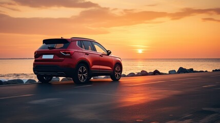 Fototapeta na wymiar An SUV with a sporty and modern design is parked on a concrete road by the sea at sunset.