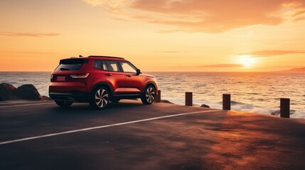 Fototapeta na wymiar An SUV with a sporty and modern design is parked on a concrete road by the sea at sunset.