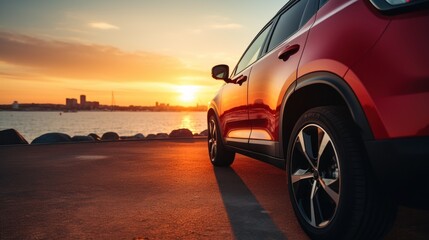 An SUV with a sporty and modern design is parked on a concrete road by the sea at sunset.