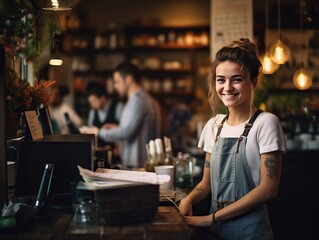 Portrait of confident female barista standing behind counter. Woman cafe owner in apron looking at camera and smiling