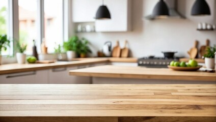 Blurred Kitchen Countertop, Wooden Table and Kitchen Tools on Empty Wooden Table Background	