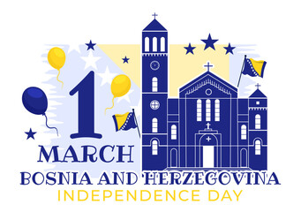 Bosnia and Herzegovina Independence Day Vector Illustration on 1st of March with Waving Flag and Landmark Building in Memorial Holiday flat Background