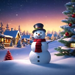 Snowman in village at christmas night. 3D illustration. Winter background. Merry Christmas and New Year concept