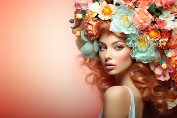 hairstyle Flowers head wreath blooming woman Spring flower coiffure fashion portrait rose chaplet beauty make-up profile gorgeous vogue model bride natural floral day holiday glamour summer female - obrazy, fototapety, plakaty
