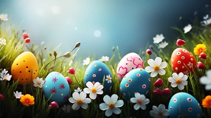 Foto auf Acrylglas Happy Easter. Colorful Easter eggs decorated with flowers in the grass. © Art.disini