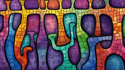 Whimsical Stained Glass Creatures Dancing in a Mosaic of Vivid Dreamscape Colors - obrazy, fototapety, plakaty