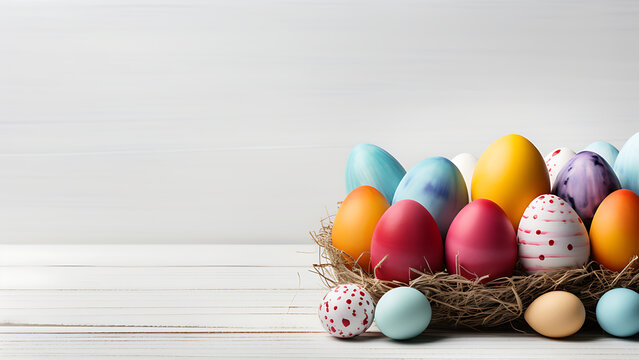 Colorful Easter eggs arranged in a basket on a white wooden floor.