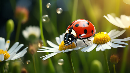 Ladybug on chamomile flower with spring concept.