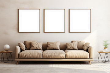 mock up. Interior of living room with white sofa, coffee table and vase. Interior of modern living room with brown walls, wooden floor, comfortable white sofa and mock up poster frame.