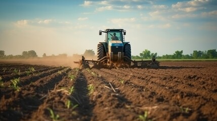 Farmers are preparing land for planting. Use a tractor with a tail to plow the dirt at the back. There is dust.