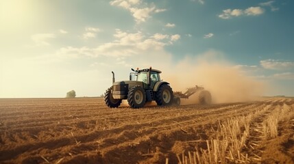 Obraz premium Farmers are preparing land for planting. Use a tractor with a tail to plow the dirt at the back. There is dust.