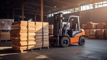 A forklift transports wooden crates from the warehouse. Cargo warehouse at the port Send products to customers