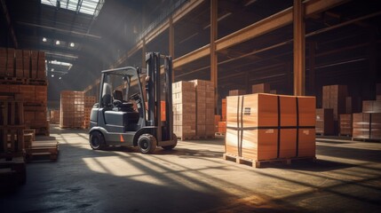 A forklift transports wooden crates from the warehouse. Cargo warehouse at the port Send products to customers