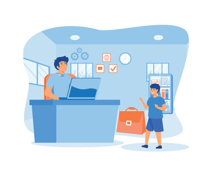 Parents work with boys. Headquarters. Remote worker, employee schedule, flexible schedule concept. flat vector modern illustration 