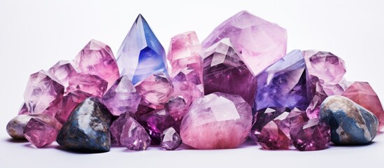 Gemstone with purple and pink hues, has texture similar to precious and semi-precious stones. - obrazy, fototapety, plakaty