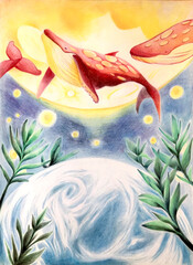 宇宙を泳ぐ赤いくじらと地球と月のイラスト
