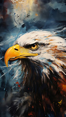 Majestic eagle, vibrant and dynamic. Closeup view, adorned with vivid painting strokes. A symbol of freedom and power, perfect for decor, prints and creative expressions. Against an abstract backdrop
